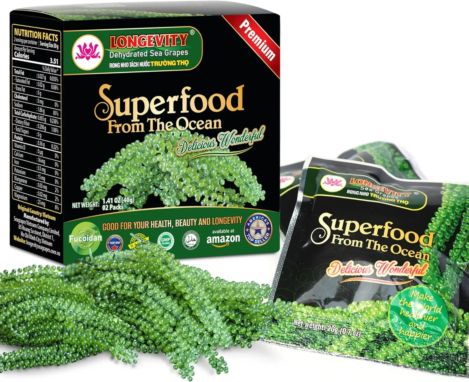 LONGEVITY Dehydrated Sea Grapes, 1.4 oz of (Pack of 2), Umibudo Green Caviar, Lato Seaweed | Enhance Health, Boosting Immune System, Valued Natural Gift From Sea (Original, 40g)