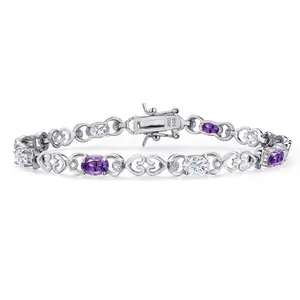 Gem Stone King Gemstone Birthstone and Moissanite Heart Link Tennis Bracelet for Women | 925 Sterling Silver | Oval 6X4MM | 7.25 Inch Length | Double Locking Fold Over Clasp | Jewelry for Her Mom Wife