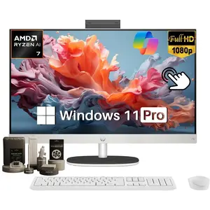 HP 27" All-in-One Touchscreen Desktop Computer, AMD Ryzen AI 7 350, Copilot, FHD IPS 250Nits Display, 32/64GB DDR5-5600 MHz, 2/4TB SSD, Windows 11 Pro, Private Cam, BT 5.4, KB & Mouse, Accessories