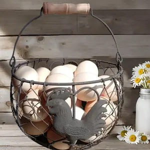 . Chicken Wire Egg Basket for Gathering Fresh Eggs with Handle Storage Container Holder,  Rustic Farmhouse Rooste Decor Round Metal Egg Collecting Basket Kitchen Countertop