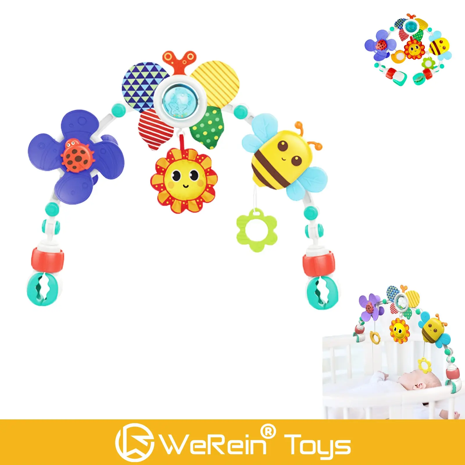 Ajustable Infant Newborn Baby Activity Arch, Crib&Car Seat Play Handing Toy, Nursery Sensory Crib Mobile, Spiral Stroller Toy, Baby Hanging Rattle Mobile  Insect Theme Multi-Purpose Bed Hanging Adapter, Safe Seat Baby Rocker Crib Stroller Compatible