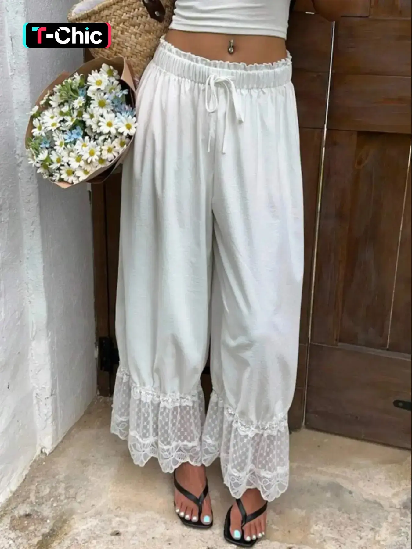 Women's solid color lace patchwork pants, Womenswear, Aesthetic, Chic, elegant, casual and loose, suitable for daily vacations, gatherings, shopping, suitable for all seasons as bottoms, Casual fit trousers