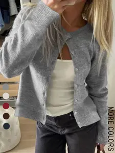 Women's Solid Color Round Neck Button Front Long Sleeve Knit Cardigan, Y2K Casual Versatile Sweater for Fall & Winter Knitwear