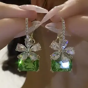 Zircon flower earrings earrings temperament versatile cold high-end luxury small fresh green crystal earrings. Suitable for summer, st patricks day gifts shippin random shipping live shopping