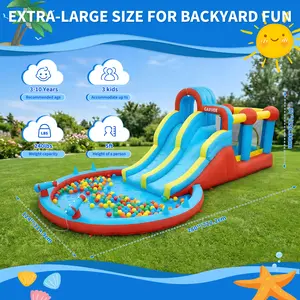 6-in-1 Inflatable Water Slide Park, Dual Racing Slides & Climbing Wall Trampoline Design, With Splash Pool, All-Season Outdoor Backyard Entertainment For Kids Aged 3-12, US Standard