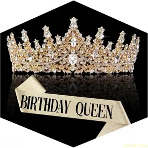 Women's Gold Crystal Princess Tiara - Rhinestone Queen Headband, Birthday Crown and Sash, Bridal Wedding Hair Accessory for Print Photography