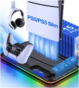 RGB PS5 Cooling Station with Controller Charging Station for Playstation 5 Slim/Disc/Digital Editions, Cooling Stand for PS5 Accessories with Controller Charger, Headset Holder, 15 Game Slot