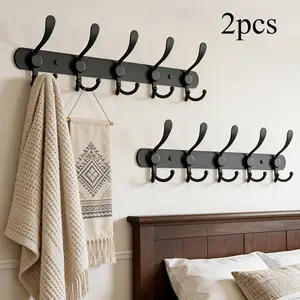 2Pcs Wall-Mounted Stainless Steel Hook Rack with 5 Hooks, Heavy-Duty Triangular Coat Hanger, Available in Black/Silver, Multi-Purpose Storage Organizer for Bathroom, Entryway and Bedroom