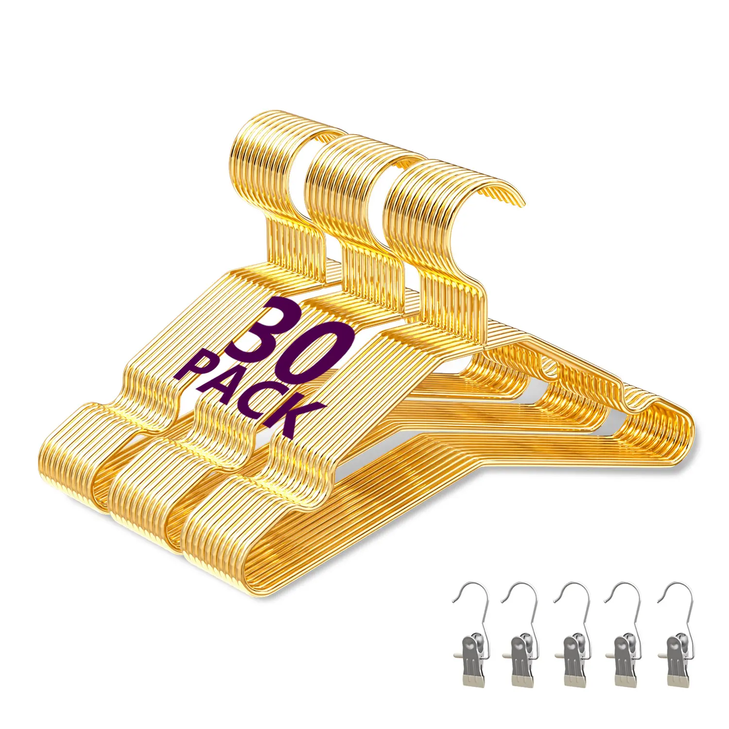WSJYKN 30-Pack Smooth Lightweight Glossy Slender Gold Metal Baby Toddler Nursery Hangers, 12-in Elegant Hangers with Pegs (25 lbs Capacity), 5 Bonus Clips for Hanging Bedroom Organizer, Towels
