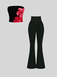Two-Piece Set Women's Floral Print Flare Leg Pants & Tube Top, Casual Fashion Cozy Bell Bottom Trousers & Sleeveless Top for Daily Outdoor Wear, Ladies Summer Clothes, Stretchy Outfit Sets, Suits