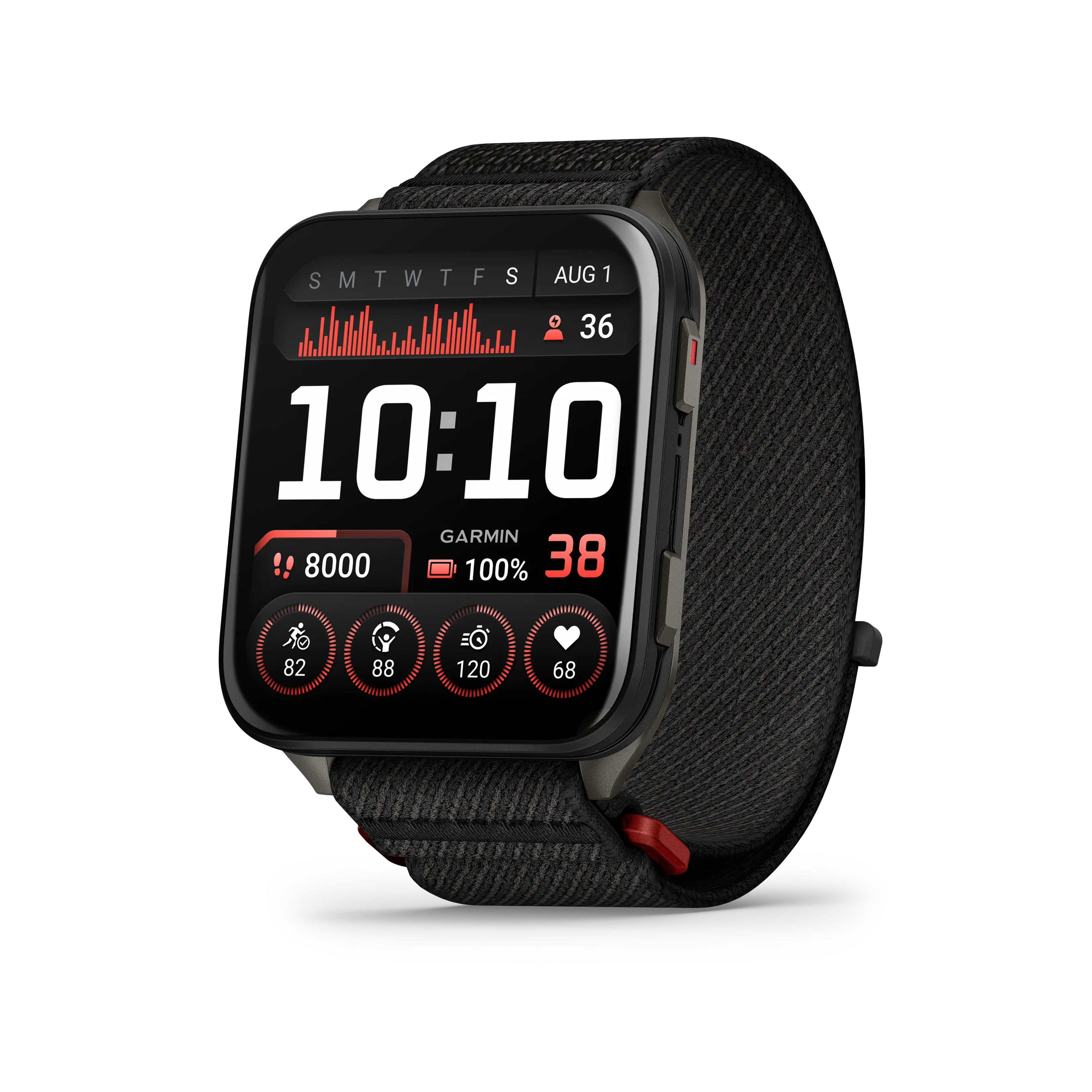 Garmin Venu X1 Smartwatch with Silicone Strap - Display Shows Time 10:10, Heart Rate 88, and Activity Levels 8000 Steps, 100% Battery, 38 Calories Burned