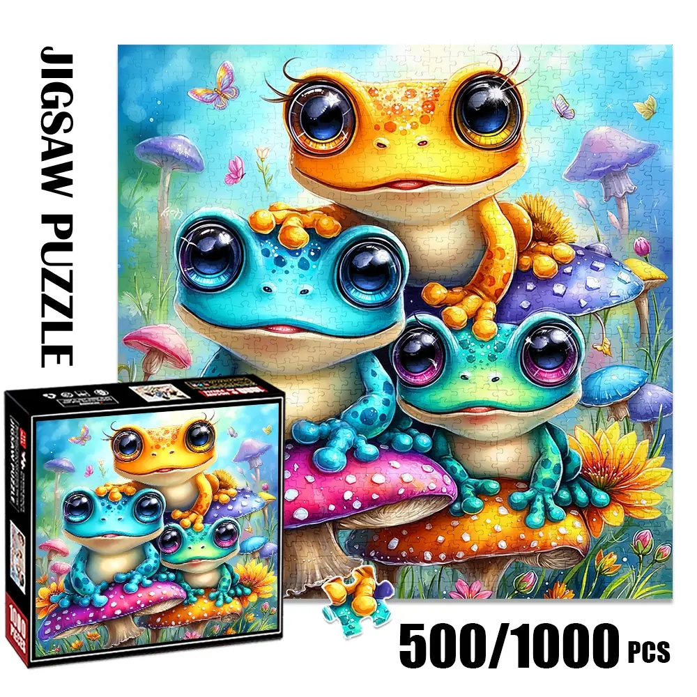 1pc 1000 piece adult puzzle 58x58cm Adorable Frogs on Colorful Mushrooms with Butterflies 500 pieces paper jigsaw puzzle Family Puzzle suitable for DIY creative games for adults and families, birthday and holiday Animal Shape Puzzle
