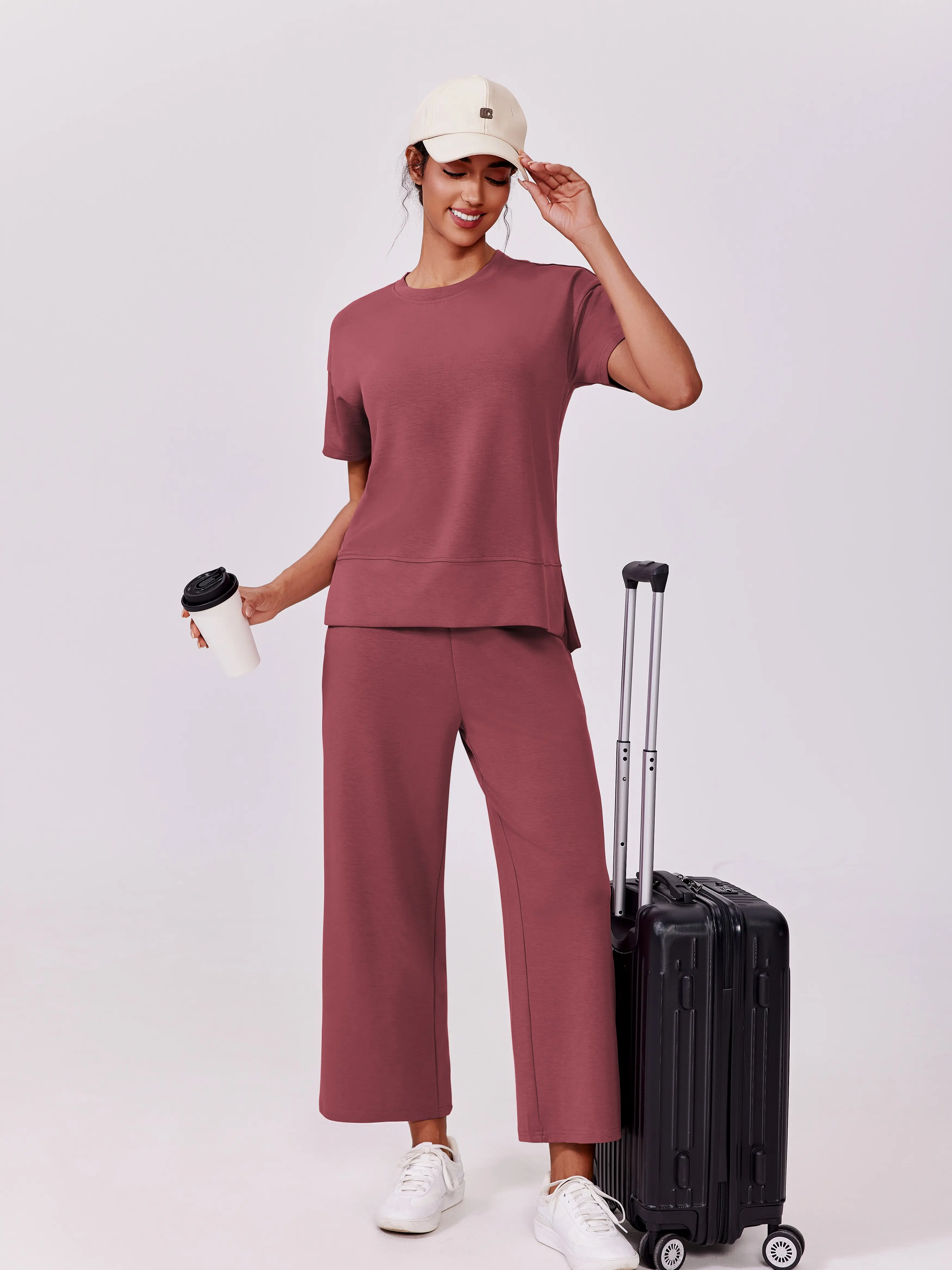 PINSPARK 2 Piece Tracksuit for Womenswear Soft Short Sleeve Outdoor Wide Adjustable Leg Pockets Pants Lounge Matching Travel Summer  2025  Springtok Outdoorfun