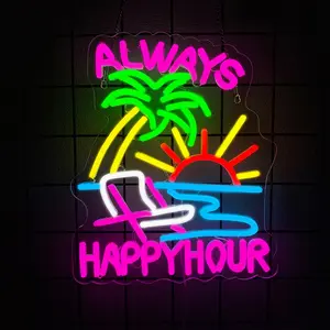 Always Happy Hour Neon Sign, Beach Neon Signs for Wall Decor, Palm Tree Led Light Up Signs for Bedroom Bar Club Pub Man Cave Restaurant Party Decorations