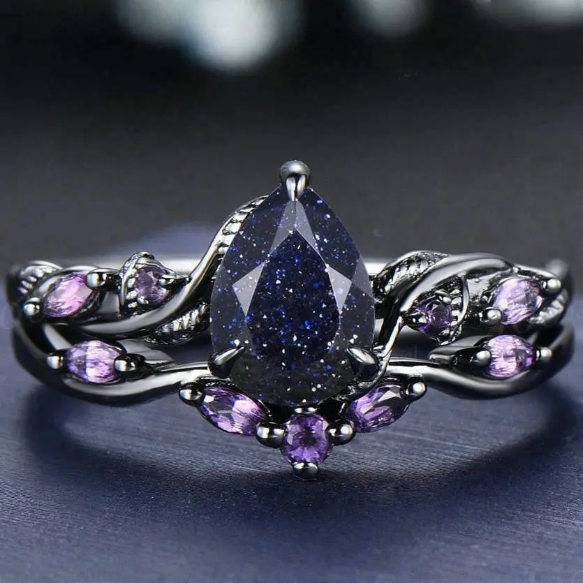 Female Starry Sky Ring Stack - Gunmetal Black Costume Jewelry, Inlaid with Purple Gemstones, Water Drop Accent, Combined Setting