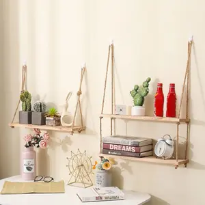 Wooden Hanging Rope Floating Shelves – 1/2/3 Tier Wall Shelf for Plants, Flowers & Home Decor