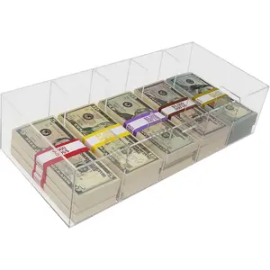 Clear Currency Tray, 5 Compartment Cash Organizer Money Storage Box, 300 Currency Wrappers Included