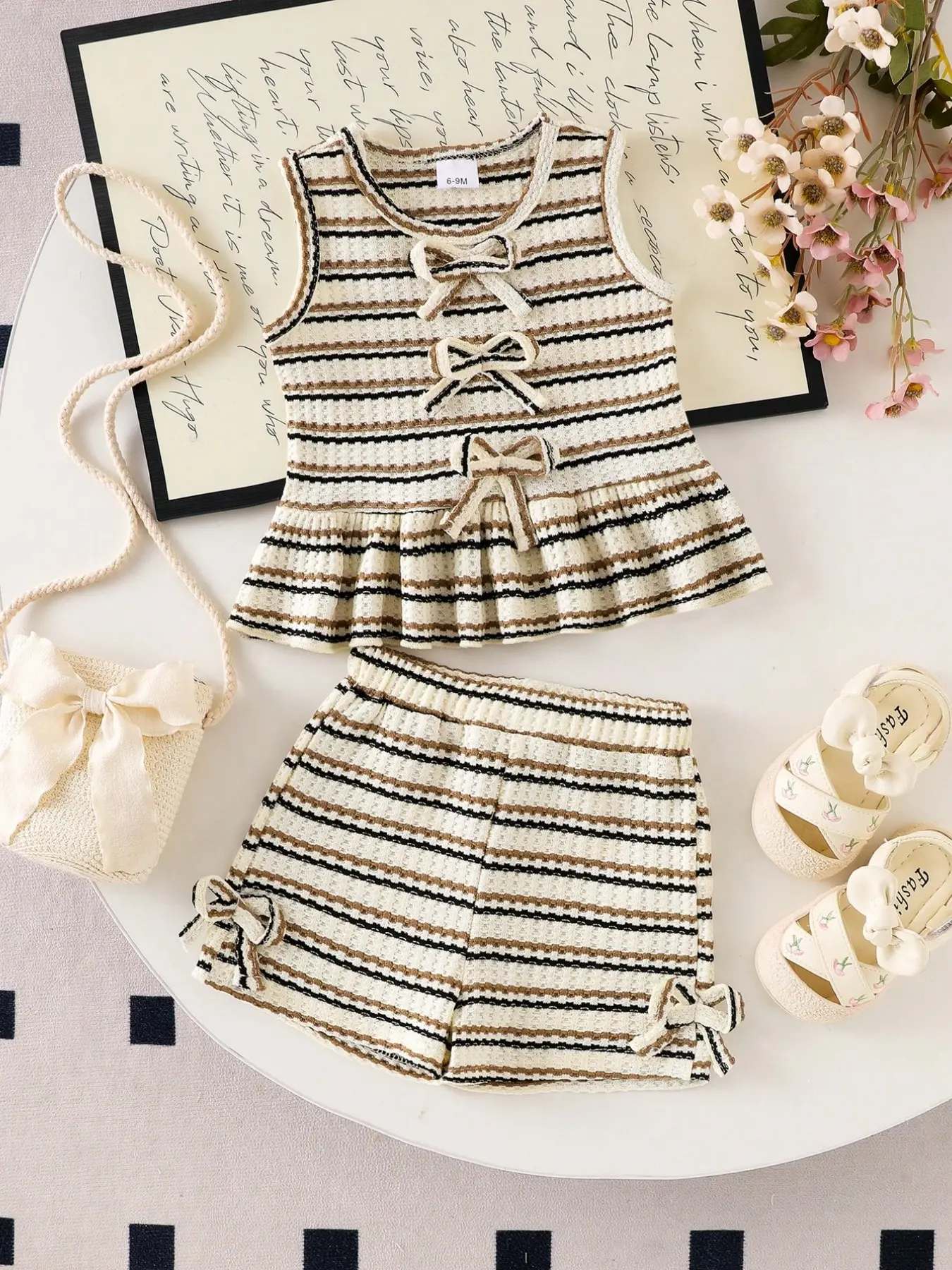 Baby Girl Summer Vintage 2-Piece Set, Baby Clothing, Striped Sleeveless Ruffle Knit Top & Bow Shorts, Loose-Fitting Casual Boho Style, No Choking Hazard