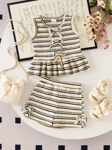 Baby Girl Summer Vintage 2-Piece Set, Baby Clothing, Striped Sleeveless Ruffle Knit Top & Bow Shorts, Loose-Fitting Casual Boho Style, No Choking Hazard