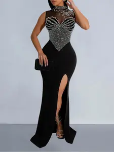 Women's Contrast Sequin Cut Out Split Thigh Bodycon Dress, Elegant Draped Style Round Neck Sleeveless Evening Party Formal Wear Gown, Ladies Clothes for Fall Dresses For Party