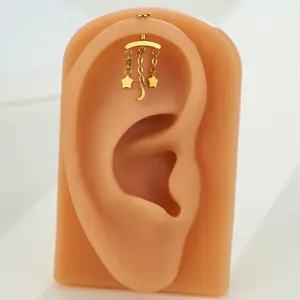 Oufer Vertical Helix Piercing Jewelry Dangle Chain Star and Moon-316L Push Pin Flat Back 316L Stainless Steel