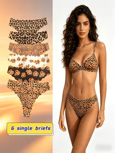 6-Pack Summer New Sunflower Print & Leopard Design Women's Thong, Breathable Comfortable Fitted Underwear, All-Season Daily Wear, Womenswear