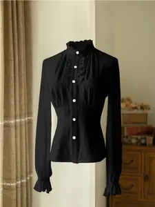 Women's Office Shirt, Fashionable Chic Elegant Fitted Long Sleeve Pleated Collar Solid Color Blouse, Stylish Ladies' Workwear, Casual and Professional Look, Casual Elegance Style, Tops, Womenswear