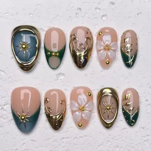 [Moss] Short Almond Handmade Press on Nails, Fake Nails with Nail tool kit with Jelly Stickers, Reusable, Durable