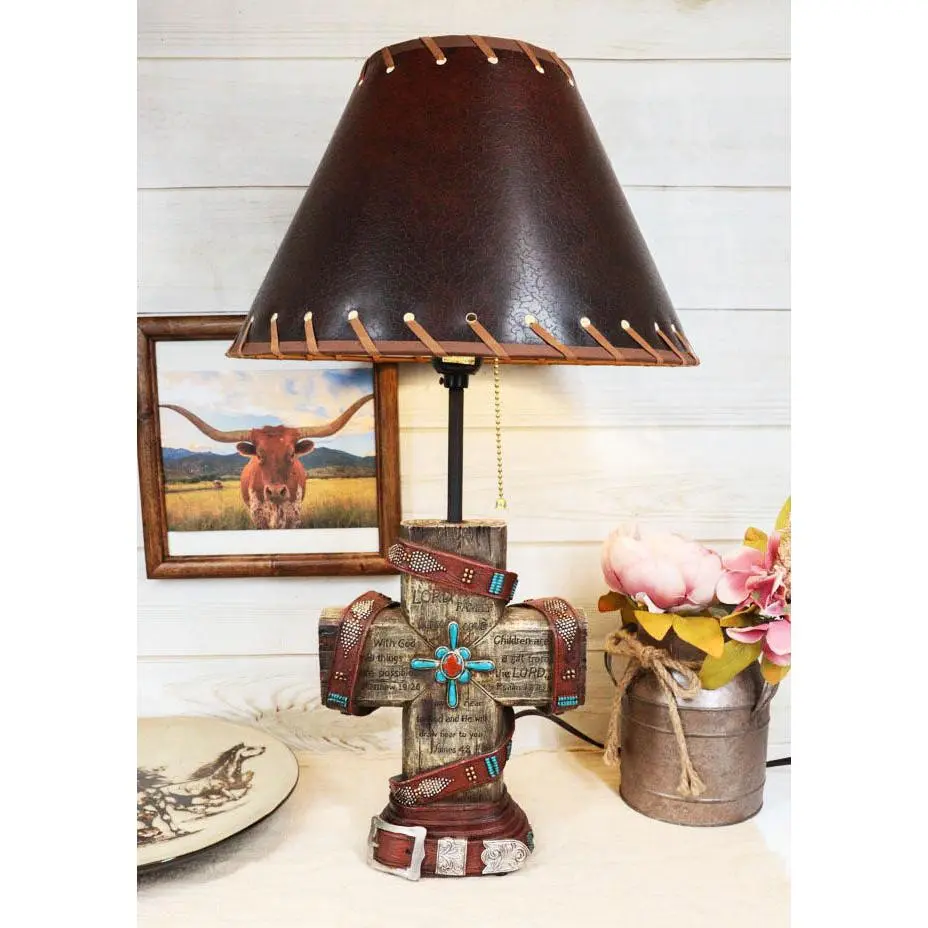 Western Turquoise Faux Distressed Wood Cross Bible Verses Family Side Table Lamp