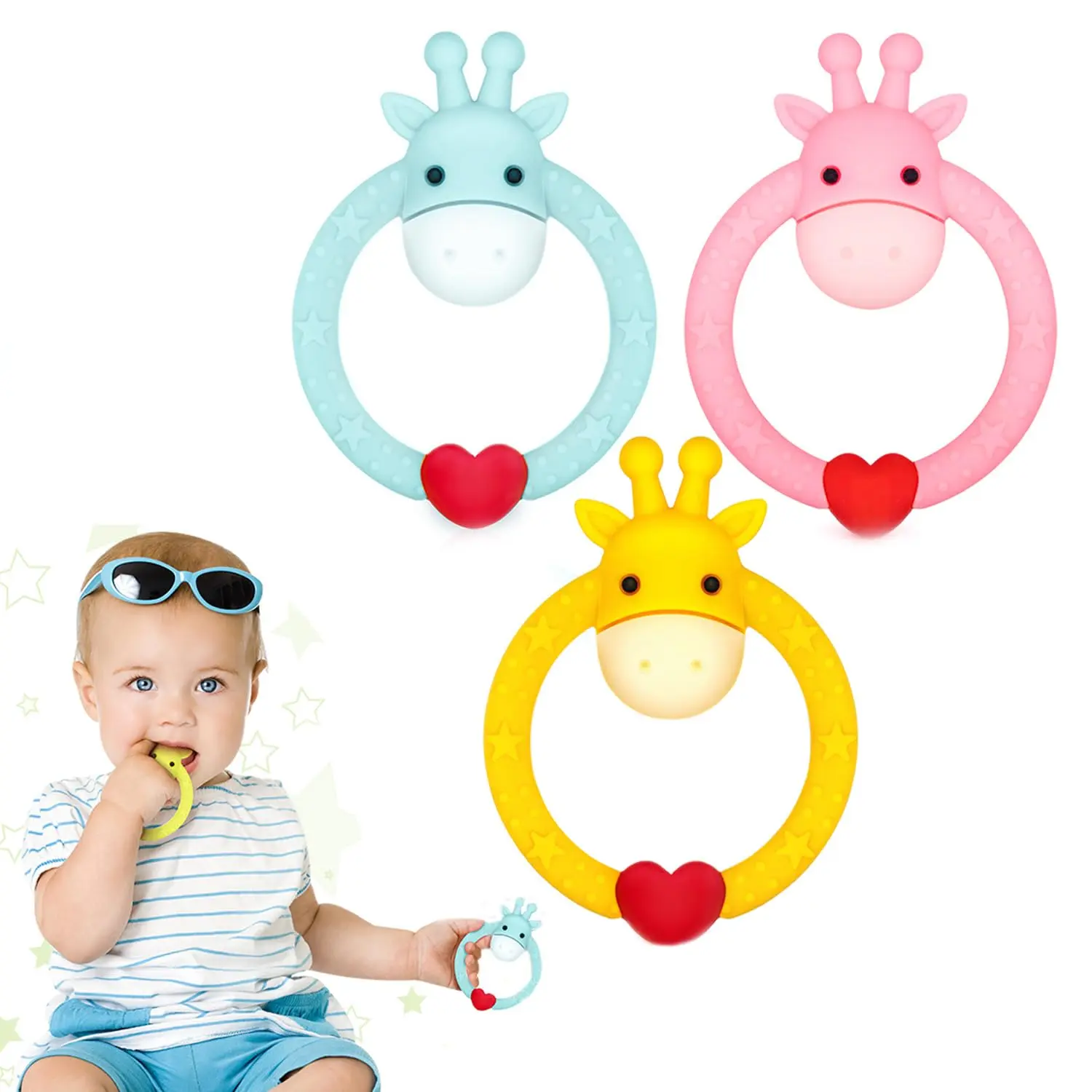 3 Pack BPA-Free Silicone Giraffe Baby Teether, Soft Infant Teething Toys for 3+ Months, Baby Teething Ring for Sore Gums Pain Relie