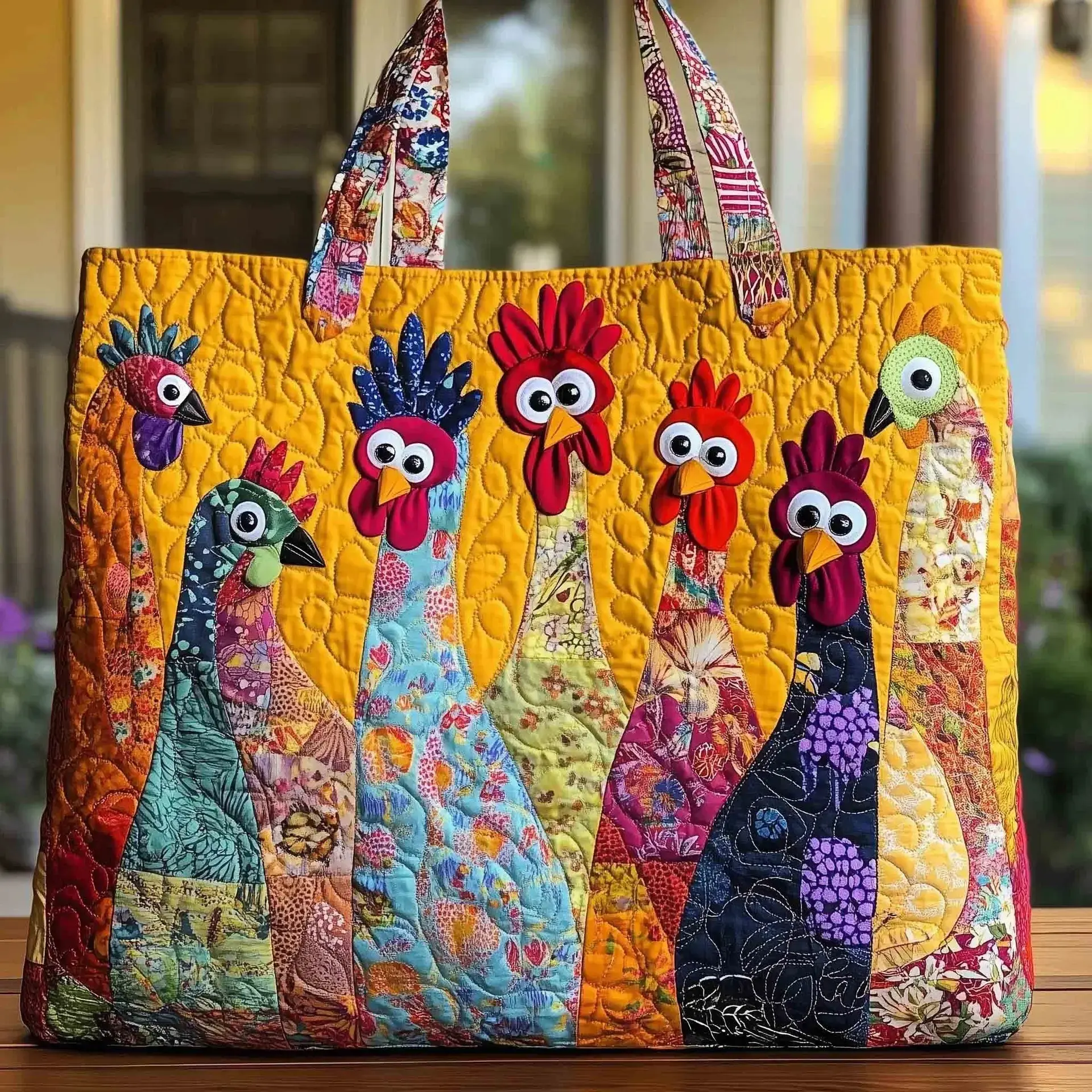 New Digital Printed Quilted Cotton Carry All Tote - Adorable & Unique Chicken Farm-Themed Patchwork, Sturdy Fabric Handles, Padded Design, Casual Commuting Use, Ideal Gift for Chicken Enthusiasts, Farm Animals Handmade Look Home Organizer Storage Bag, Sho