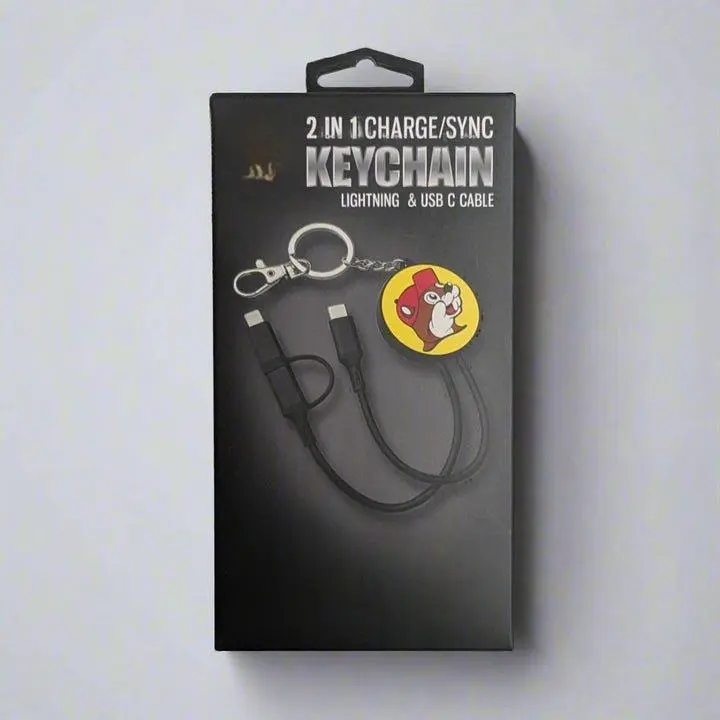 Buc-ee's 2-in-1 Tangle-Free Short Charging/Sync Keychain Cable - Lightning & USB-C Connectors, Durable Mobile Daily Use Keychain Ring for iPhone/iPad, Android Devices