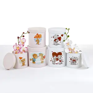 Round Flower Box - Set of 3, Be My Valentine, Pink, White | W768