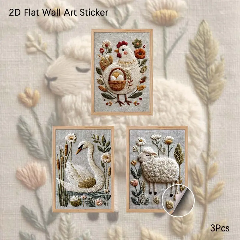 2D Flat Wall Art, 3Pcs PVC Self-Adhesive Framed Wallpaper Sticker, Cute Embroidered Style Farm Animal Illustration Wall Decals, Aesthetic 3D Embroidery Chicken Swan Sheep Art Wall Decor for Living Room, Bedroom, Nursery, Perfect Gift for Pet Lovers