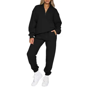 Women’s 2-Piece Outfit Sweatsuit – Oversized Half-Zip Pullover Long-Sleeve Sweatshirt & Jogger Pants Set with Pockets