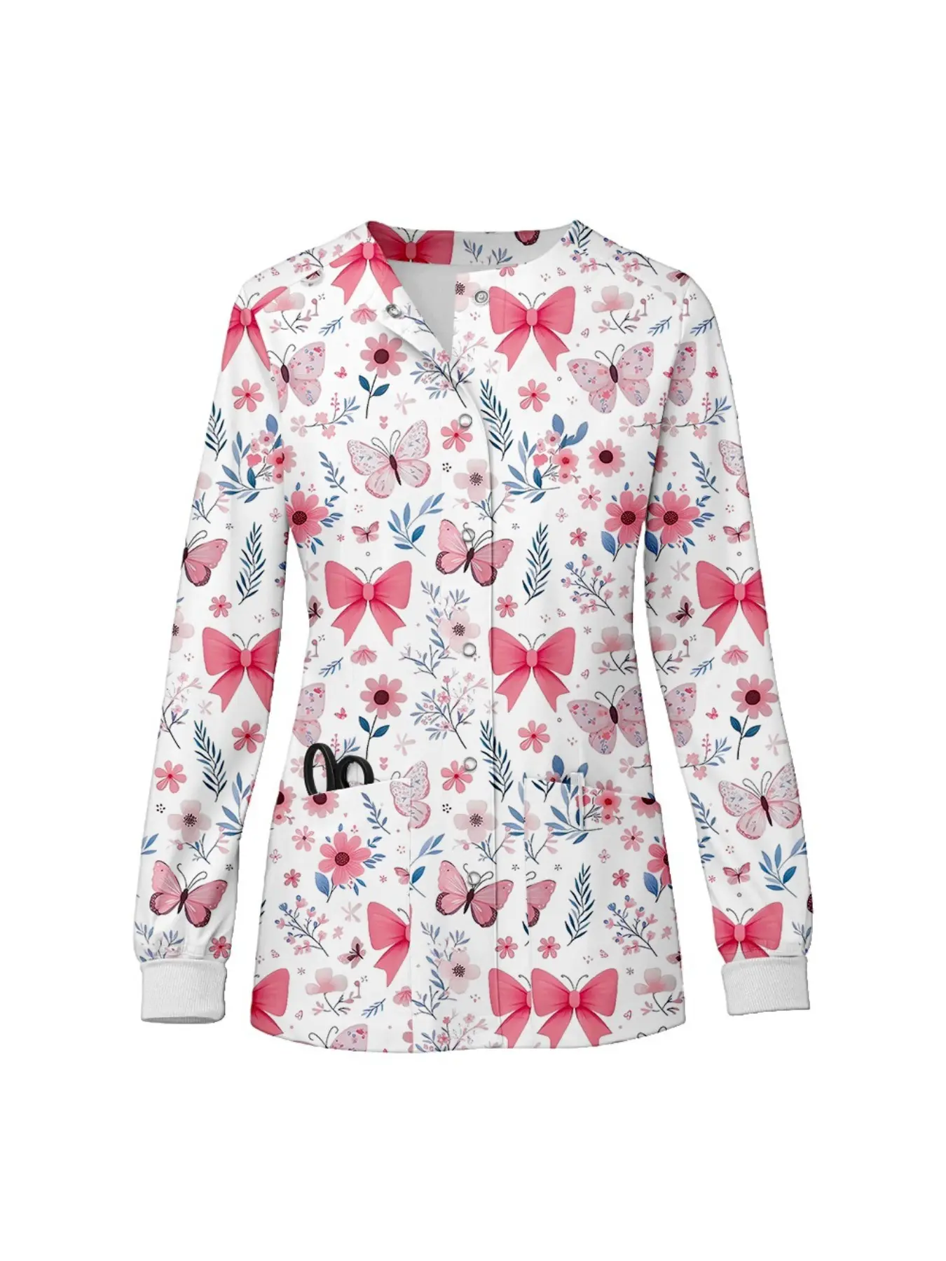 Printed Long Sleeve Scrub Jacket Floral Pattern Doctor Nurse Scrubs Nurse Hospital Work Uniform Top Workwear