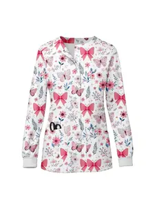 Printed Long Sleeve Scrub Jacket Floral Pattern Doctor Nurse Hospital Work Uniform Top