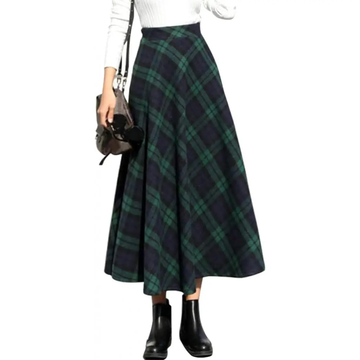 Lady's High-Waisted Large/Small Dark Grey 2005 Plaid Wool A-Line Pleated Tartan Long Skirt with Elastic Waist, Women's Bottoms