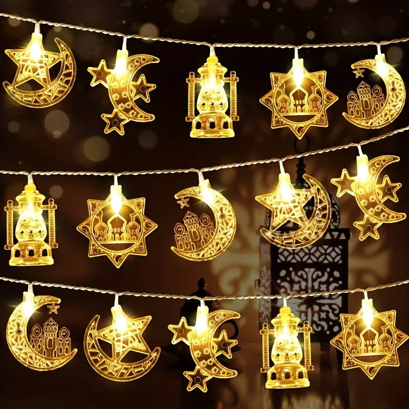 1 Pc LED Ramadan Castle Moon and Star Kerosene String Lights, Led Lantern, 59.0 Inches/10 LEDs, for Indoor Wall Chandeliers in Homes, Islamic Festivals, Events, Party Lighting Decoration, Festive Decoration, Festival Decorations