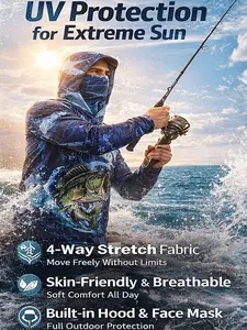 Men's Long Sleeve Hooded Fishing Jacket with Face Mask, Gradient Color Outdoor Fishing Clothing, Sun Protection Jumper