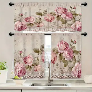 2 Panel 28"X40"/1 Panel 18"X60" 2D Flat Printing Kitchen Curtain, Retro Green Leaf Pink Rose Floral Pattern Print Curtain, Rod Pocket Valance Curtain Tier, Window For Kitchen Cafe Living, Home Decor, 2D Flat