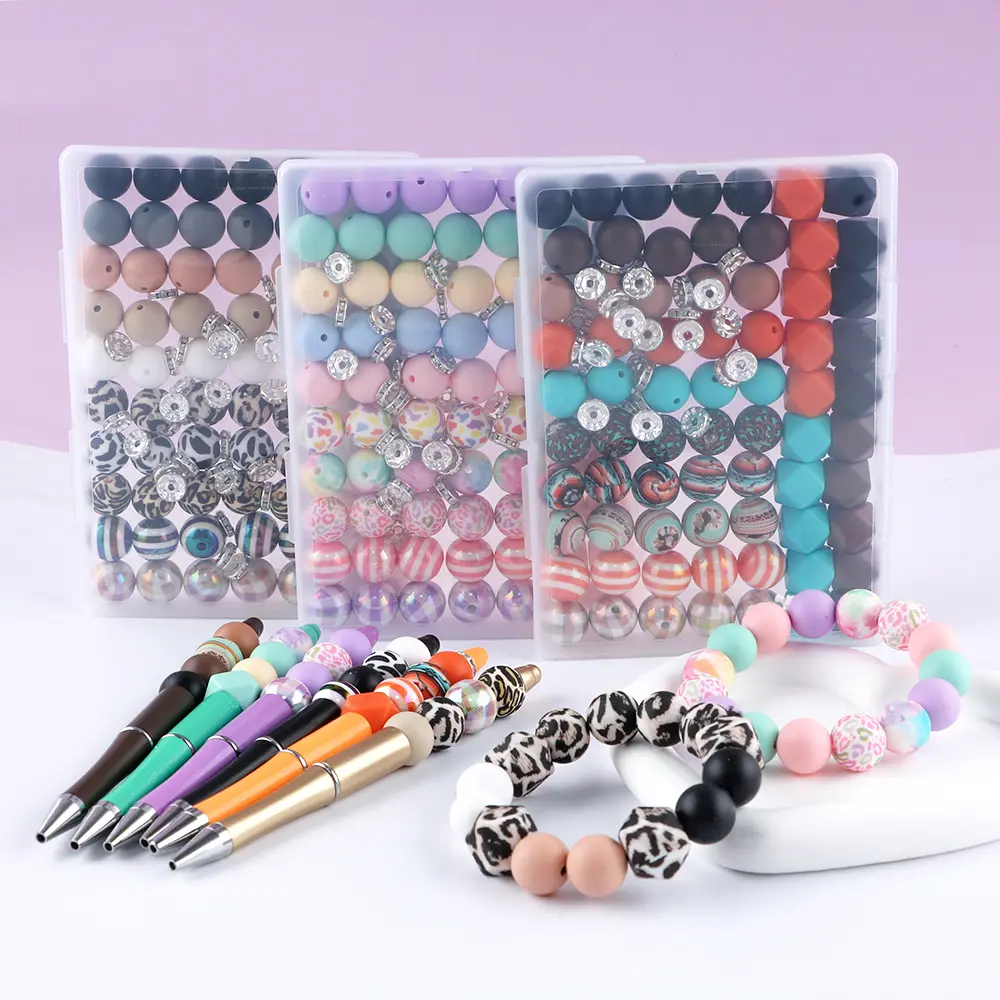 DIY Beads Kit for Beaded Necklace DIY - 100PCS Boxed Mix-Colors Acrylic Silicone Set, 15mm Printed Round & Hexagon Pieces, Sparkle Spacers for Jewelry Making Craft Projects