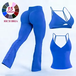 RICH BRIA Vision Sports Sets Womens Seamless Strappy Tank Top Sport Bra V Cross Low-mid Waist V Back Butt Lifting Mini Flared Leggings Gym Sets for Yoga and Fitness, Breathable & Comfortable Activewear