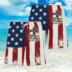 Patriotic USA Flag&Cross Men's Beach Shorts 1776-2026 - 250 Years Celebration Quick-Dry Shorts with Liner, Gift for Dad
