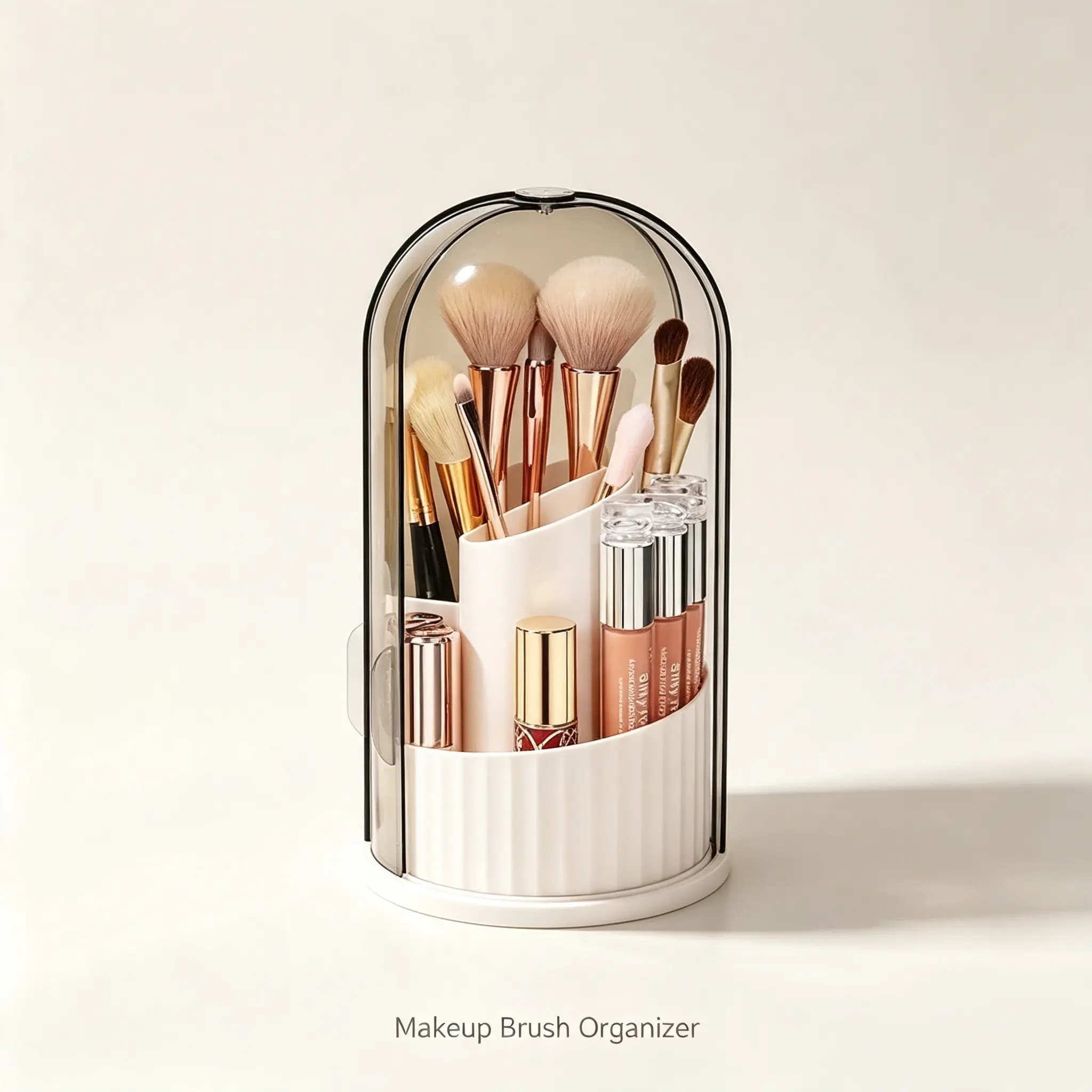360 Rotating Makeup Brush Organizer with Dustproof Transparent Dome Lid, PET-ABS Multi-Compartment Cosmetic Storage Holder for Vanity Bathroom Countertop