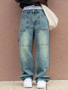 Retro and laid-back blue washed and distressed patched denim pants for all seasons, non-stretchy, loose straight-leg wide-leg Pocket street style, a trendy gift surprise for boyfriend or husband, Streetwear, Menswear