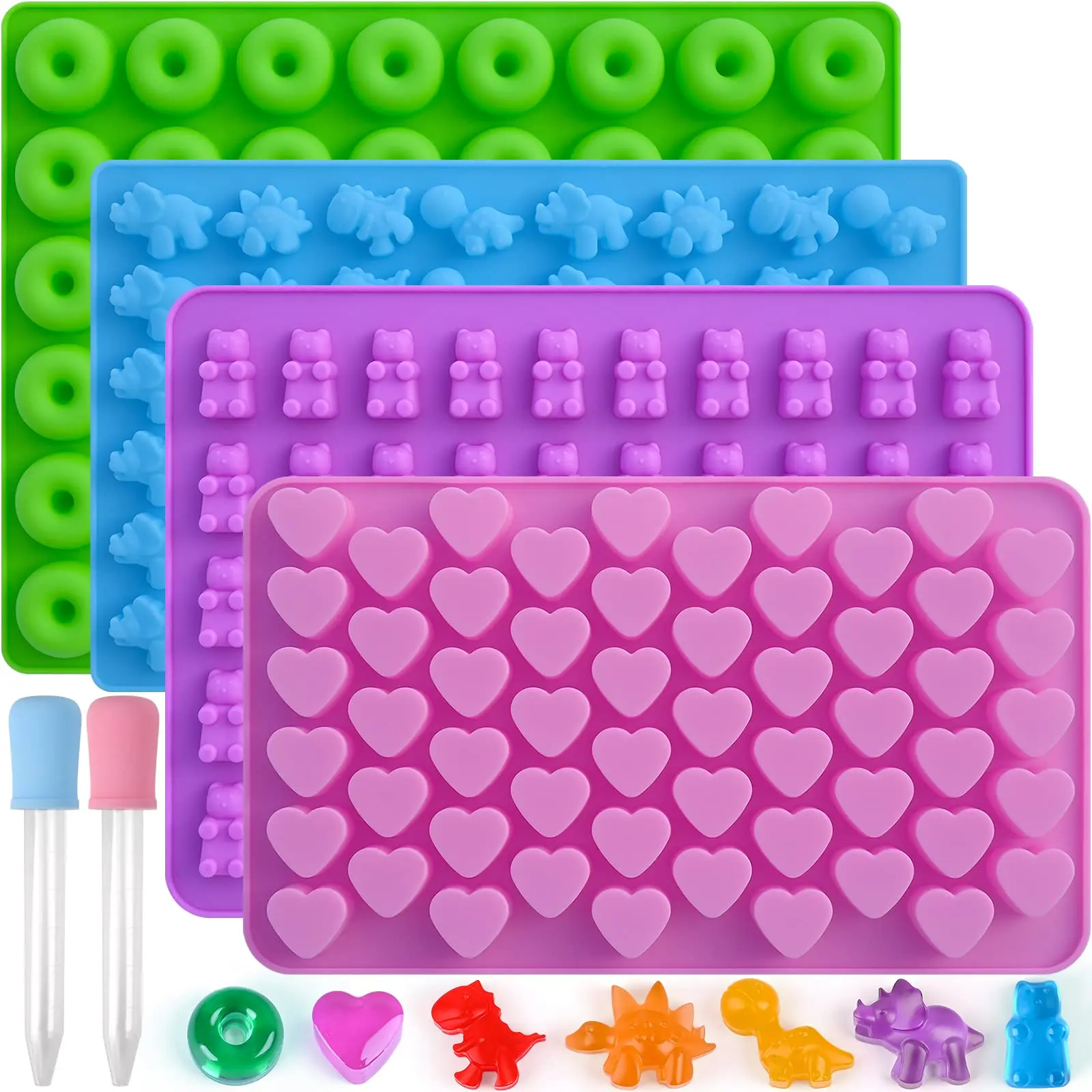 A Set of 4 Pcs Silicone Gummy Candy Molds with 2 Droppers,Mini Molds Including Dinosaur,Bear Shape,Hearts and Donut Gummie Chocolate Molds for Youth,DIY Hand Tools Kits,Summervibes