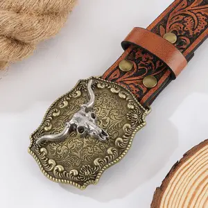 Western cowboy style belt with large buckle and bull head decoration