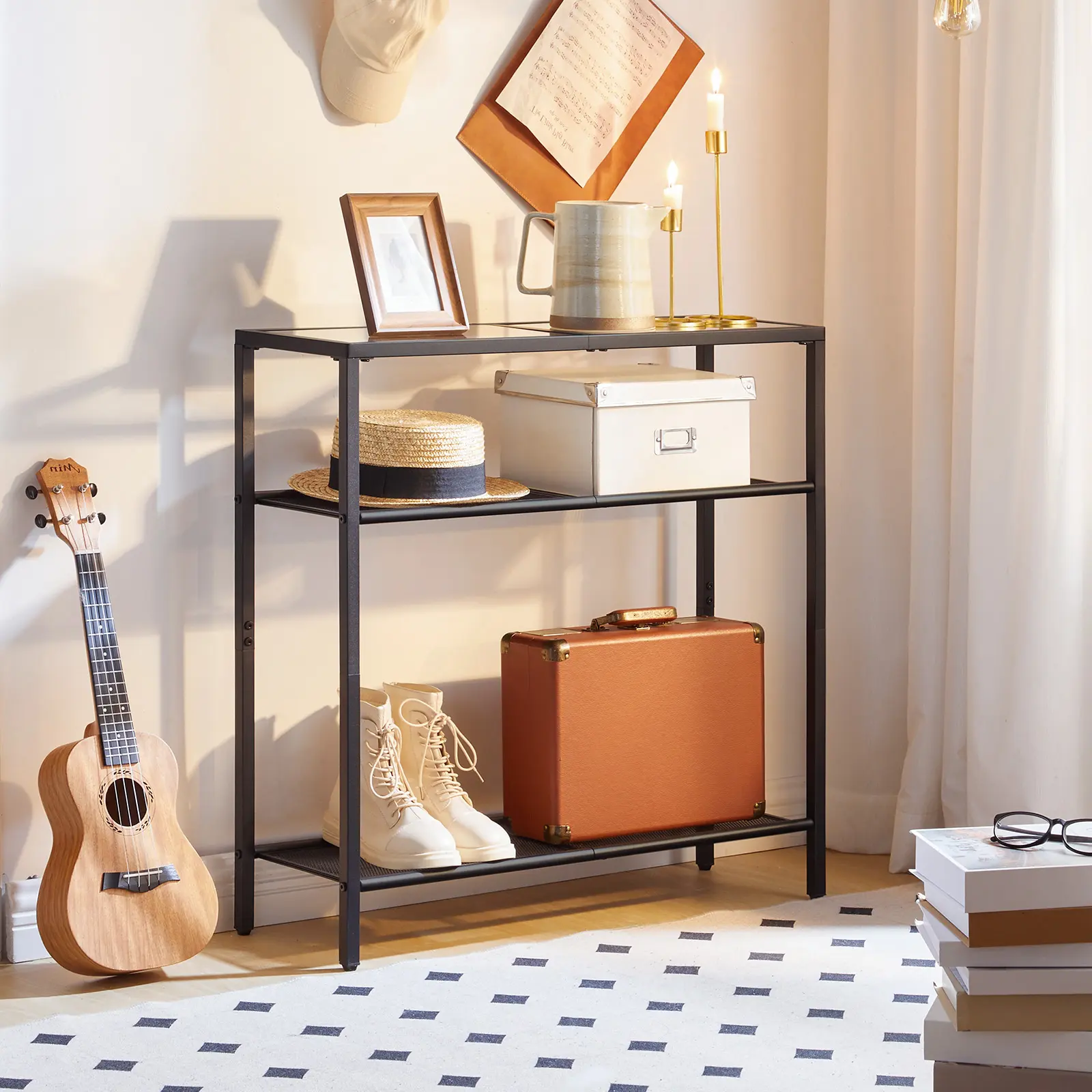 HOOBRO 3-Tier Tempered Glass Table, Small Side Table, Modern Entryway Table, 29.5" Narrow Console & Sofa Table, for Entrance, Living Room, Foyer, Hallway Bedroom, Black #SummerVibes
