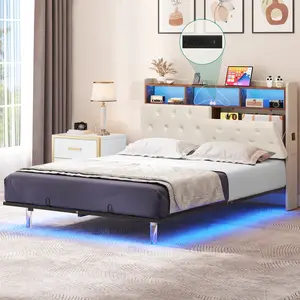 DWVO Full/King/Queen Floating Bed Frame with LED Lights, Platform Bed Frame with USB and Type-C Ports Button Tufted Headboard, PU Upholstered Platform Bed with Bag, No Box Spring Needed, Noise Free